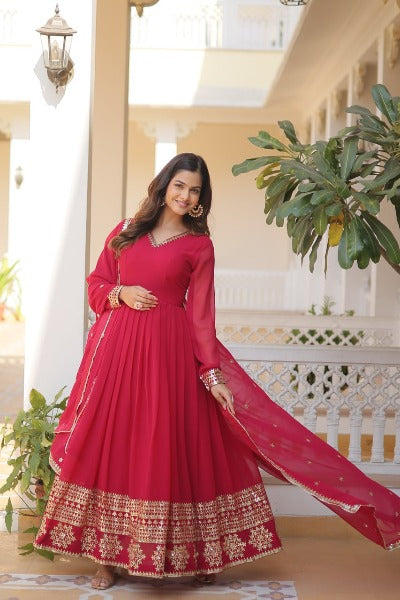 Magenta Pink Faux Blooming Sequins Designer Gown Anarkali Dupatta Set of 2