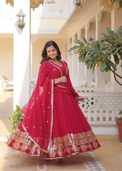 Magenta Pink Faux Blooming Sequins Designer Gown Anarkali Dupatta Set of 2