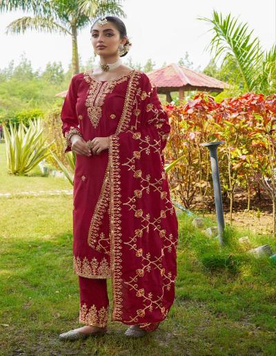 Red Chinon Heavy Coding Sequins Embroidery Salwar Suit Set