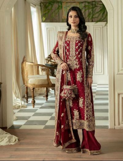 Red Georgette Sequins Pearl Work Straight Suit Set