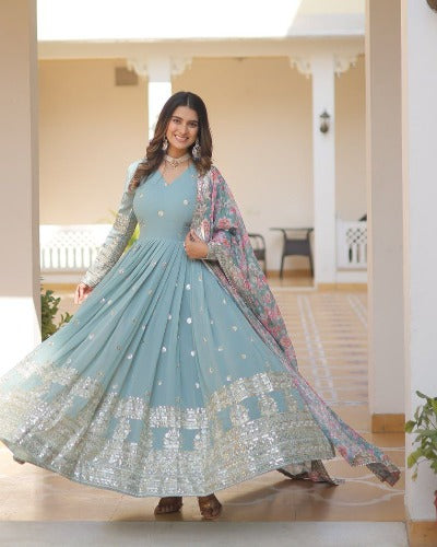 Powder Blue With Floral Dupatta Georgette Gown Set Of 2