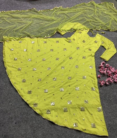 Lime Green Muslin Silk Embroidered Gown With Dupatta Set Of 2
