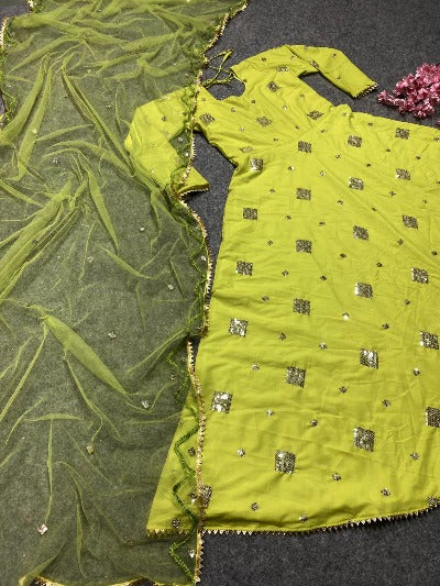 Lime Green Muslin Silk Embroidered Gown With Dupatta Set Of 2