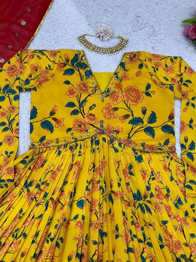 Yellow Floral Alia Cut Muslin Salwar Suit Set