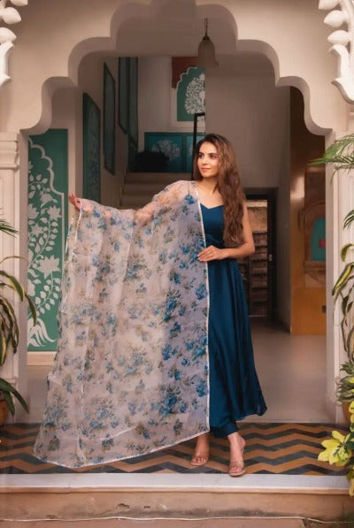 Peacock Blue Satin Silk Anarkali Suit With Organza Dupatta