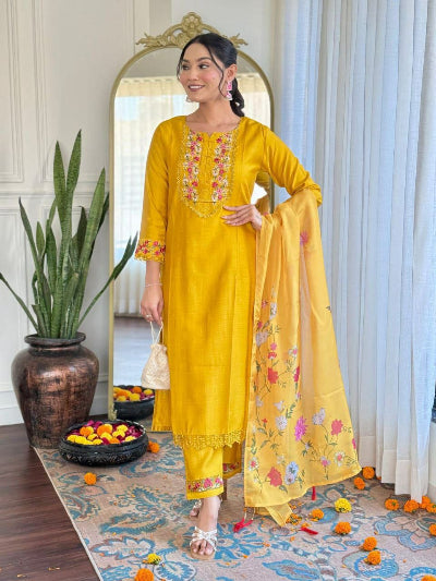 Mustard Yellow Gadhwal Silk Embroidered Straight Suit Set