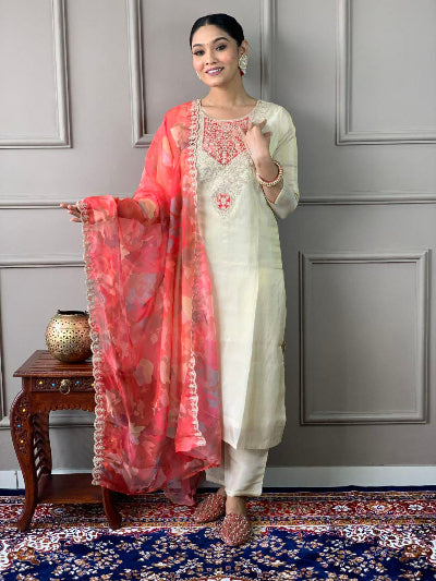 Cream Chanderi Embroidered Straight Suit With Silk Dupatta