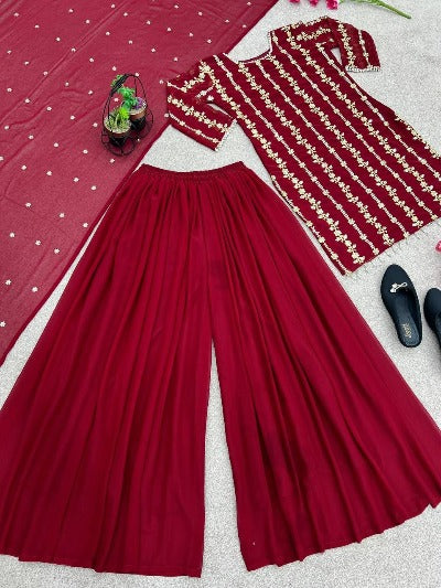 Maroon Georgette Embroidery & Rivet Moti Work Palazzo Suit Set