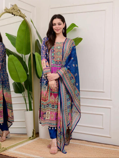 Multicoloured Vibrant Mirror Work Printed Straight Suit Set