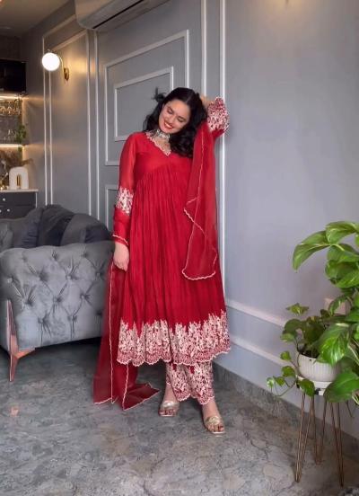 Red Alia Cut Chinon Silk Anarkali Suit Set