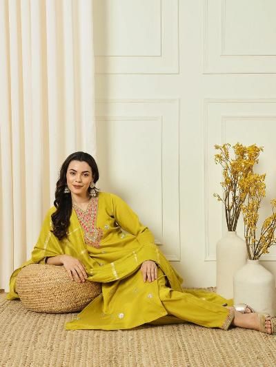 Glazed Yellow Roman Silk Salwar Suit Set