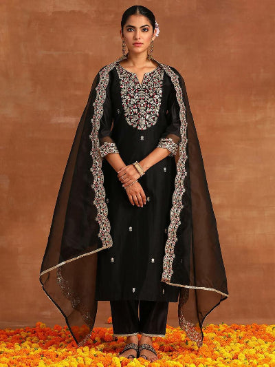 Black Roman Silk Zari Work Straight Suit Set