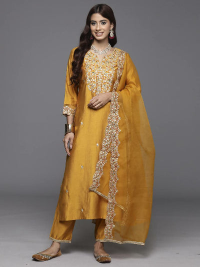 Honey Mustard Roman Silk Zari Work Straight Suit Set