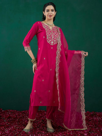 Pink Roman Silk Zari Work Straight Suit Set