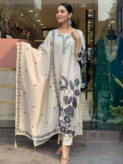 Cream Base Chinon Silk Floral Embroidery Straight Suit Set