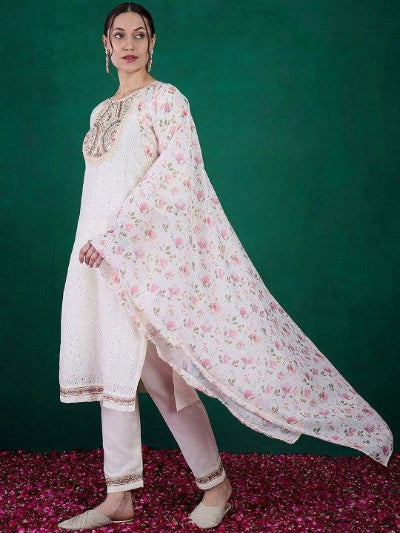 Ivory Schiffli Cottom Sequence Embroidered Straight Suit Set