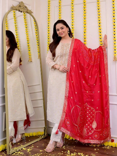 Soft Jacquard Straight Suit With Red Bandhani Dupatta