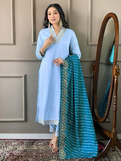 Rich Silk Blend Straight Suit With Leheriya Dupatta