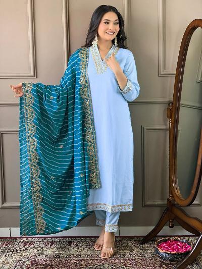 Rich Silk Blend Straight Suit With Leheriya Dupatta