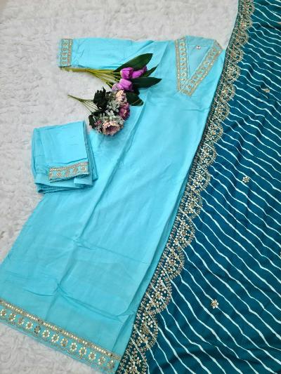 Rich Silk Blend Straight Suit With Leheriya Dupatta