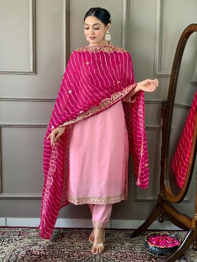 Rich Silk Blend Straight Suit With Leheriya Dupatta