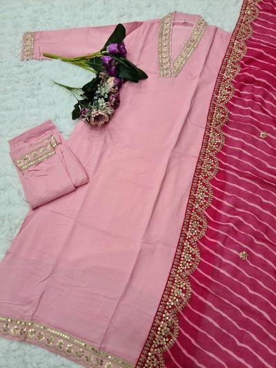 Rich Silk Blend Straight Suit With Leheriya Dupatta