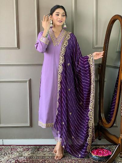 Rich Silk Blend Straight Suit With Leheriya Dupatta