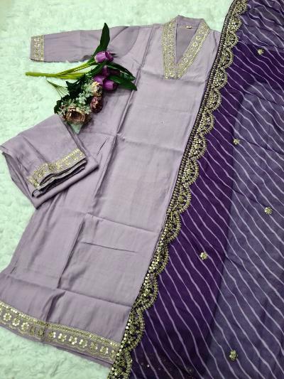 Rich Silk Blend Straight Suit With Leheriya Dupatta