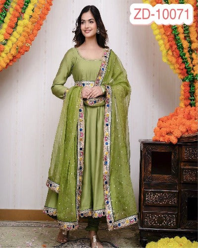 Pista Green Chinon Silk Embroidered Anarkali Gown Set