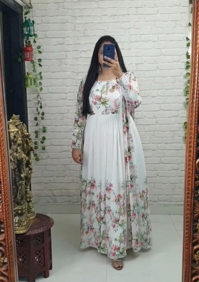 White Organza Digital Print Anarkali Gown With Dupatta