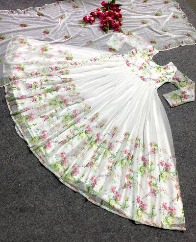 White Organza Digital Print Anarkali Gown With Dupatta