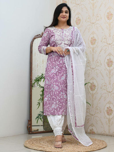 Purple Thread Embroidered Afghani Suit Set