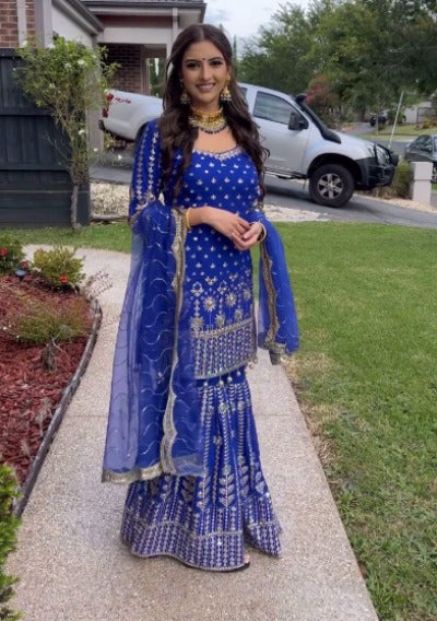 Electric Blue Georgette Embroidered Sharara Suit Set