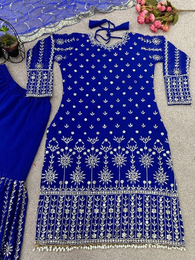 Electric Blue Georgette Embroidered Sharara Suit Set