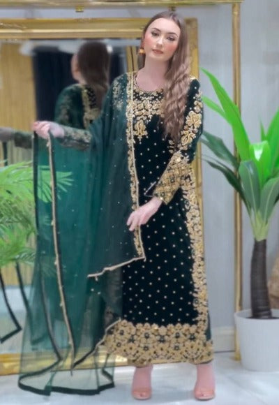 Bottle Green With Gold Embroidery Work Velvet Salwar Suit Set