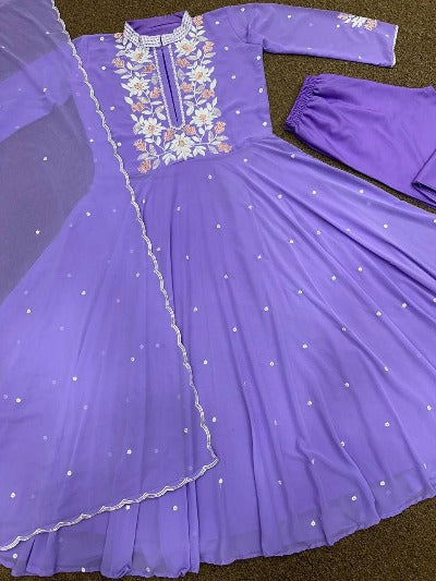 Lavender Georgette Embroidery Anarkali Suit Set