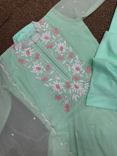 Aqua Green Georgette Embroidery Anarkali Suit Set