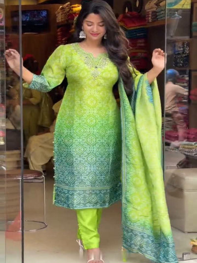 Lime Green and Teal Bandhani Salwar Suit Suit