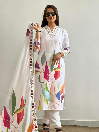 White Muslin Colourful Printed Straight Suit Set