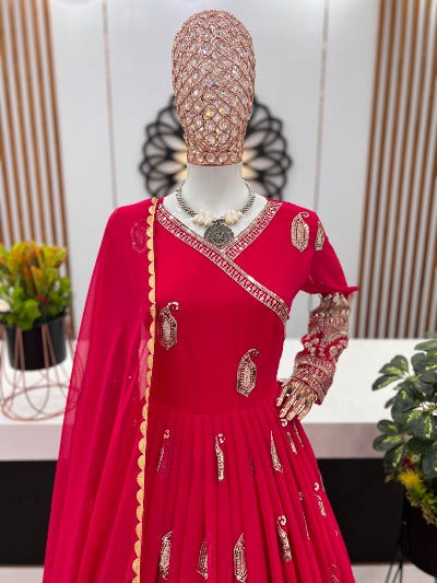 Red Georgette Embroidery Sequence Anarkali Gown Suit Set