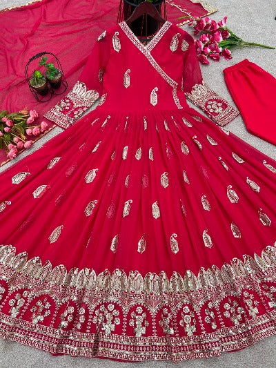 Red Georgette Embroidery Sequence Anarkali Gown Suit Set