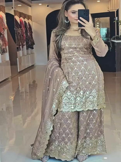 Champagne Gold Heavy Embroidered Sharara Palazzo Set