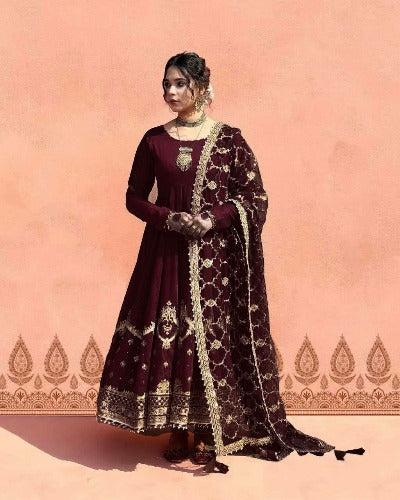 Dark Maroon Georgette Sequence Gown Anarkali Dupatta Set Of 2