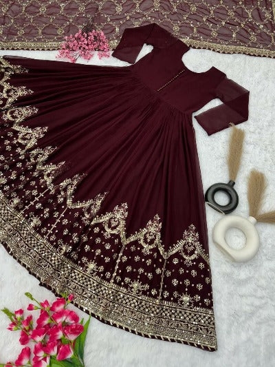 Dark Maroon Georgette Sequence Gown Anarkali Dupatta Set Of 2Dark Maroon Georgette Sequence Gown Anarkali Dupatta Set Of 2