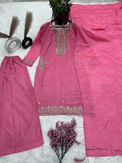 Coral Pink Chinon Silk Embroidery Salwar Suit Set