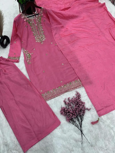 Coral Pink Chinon Silk Embroidery Salwar Suit Set