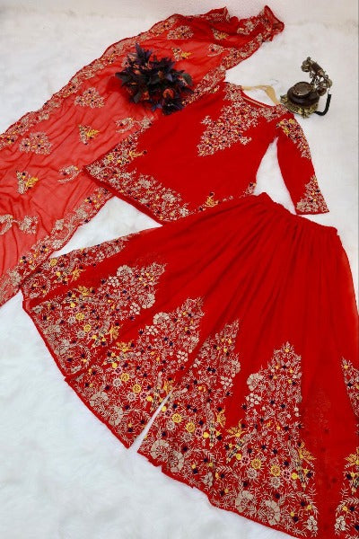 Red Bollywood Inspired Georgette  Sharara Suit Set