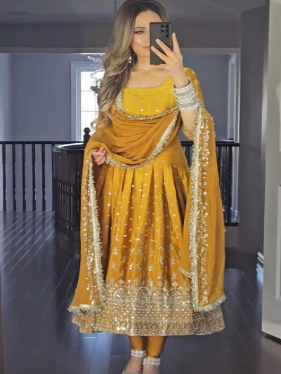 Honey Yellow Dual Tone Rich Embroidery Anarkali Suit Set