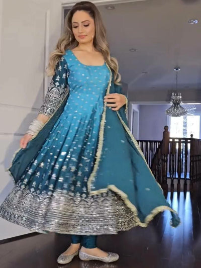 Ocean Blue Dual Tone Rich Embroidery Anarkali Suit Set