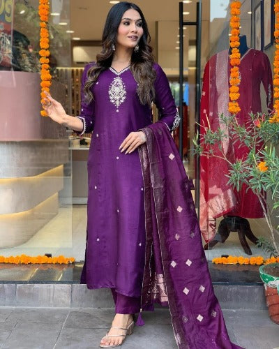 Purple Pure Chanderi Embroidery Work Salwar Suit Set